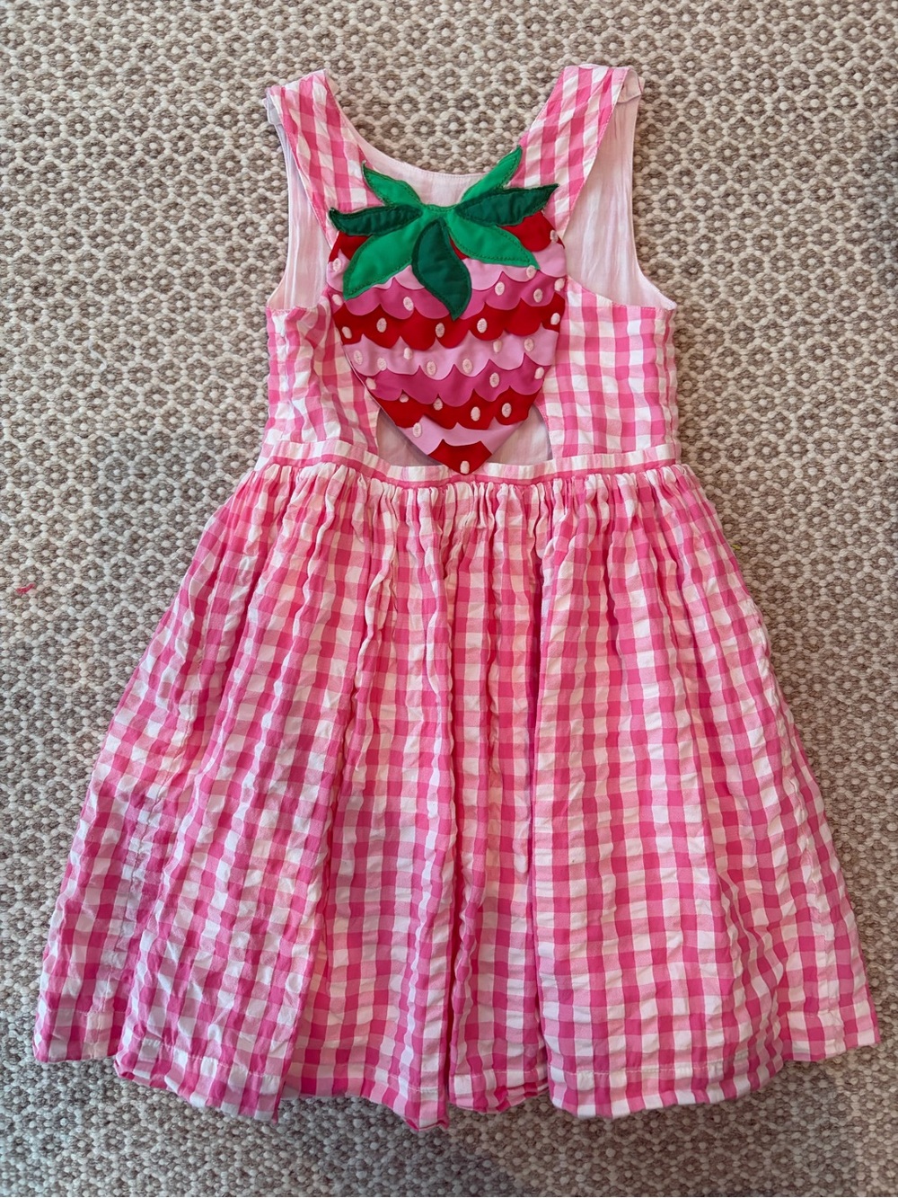 Mini Boden Pink Gingham Dress with Strawberry Back Applique